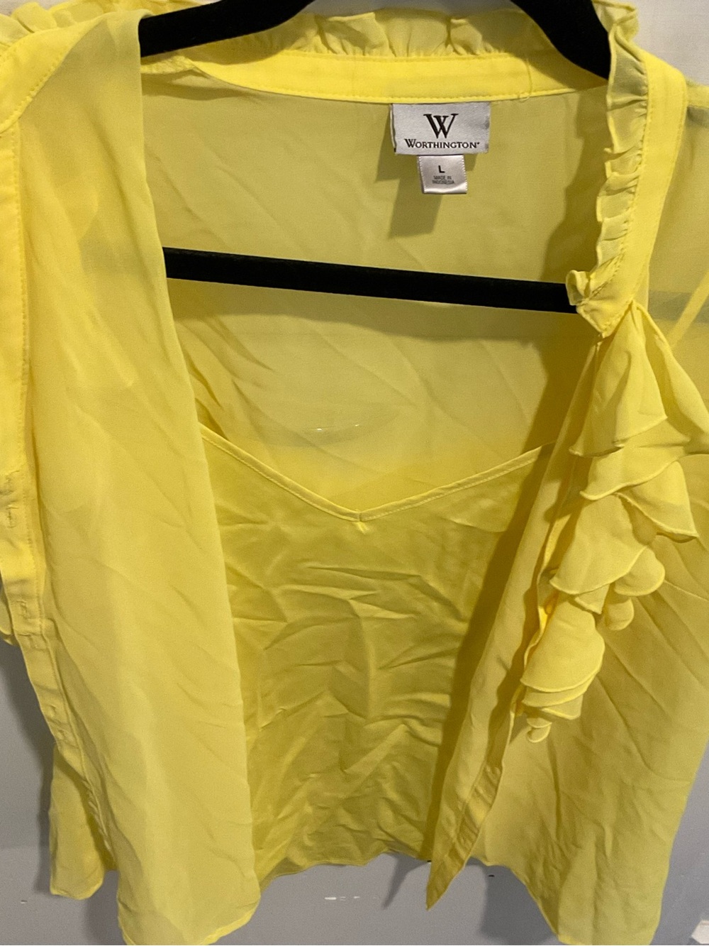 Worthington Yellow Layered Ruffle-Front Blouse